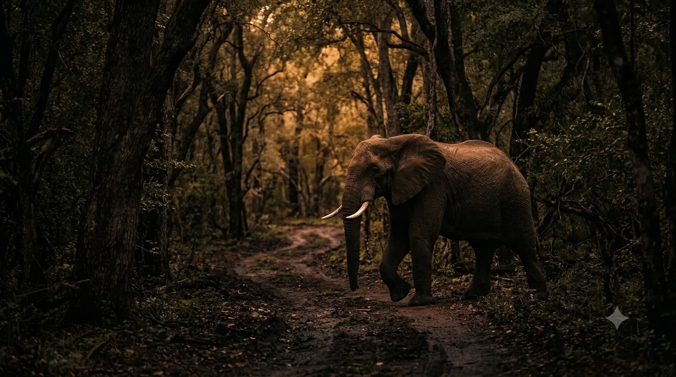 An elephant on a forest track at dusk in warm light