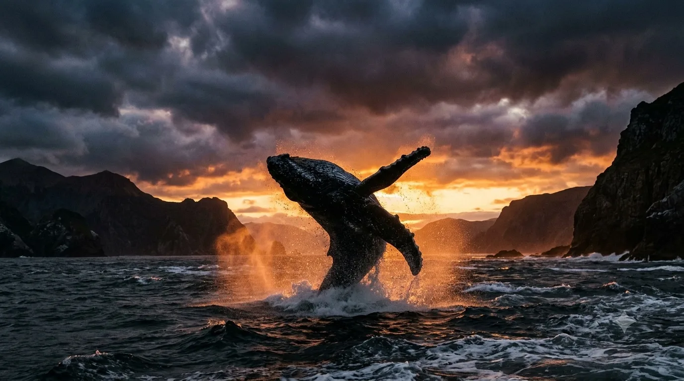 A humpback whale breaching at dusk against a fiery sky