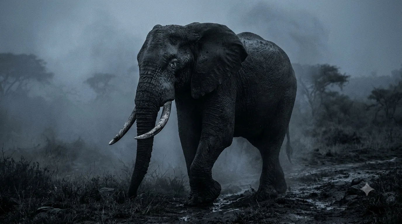 An elephant emerging from mist at dusk